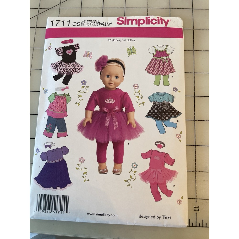 Simplicity 1711 18" Doll Clothes Pattern CUT Leggings Tops Skirt Headband